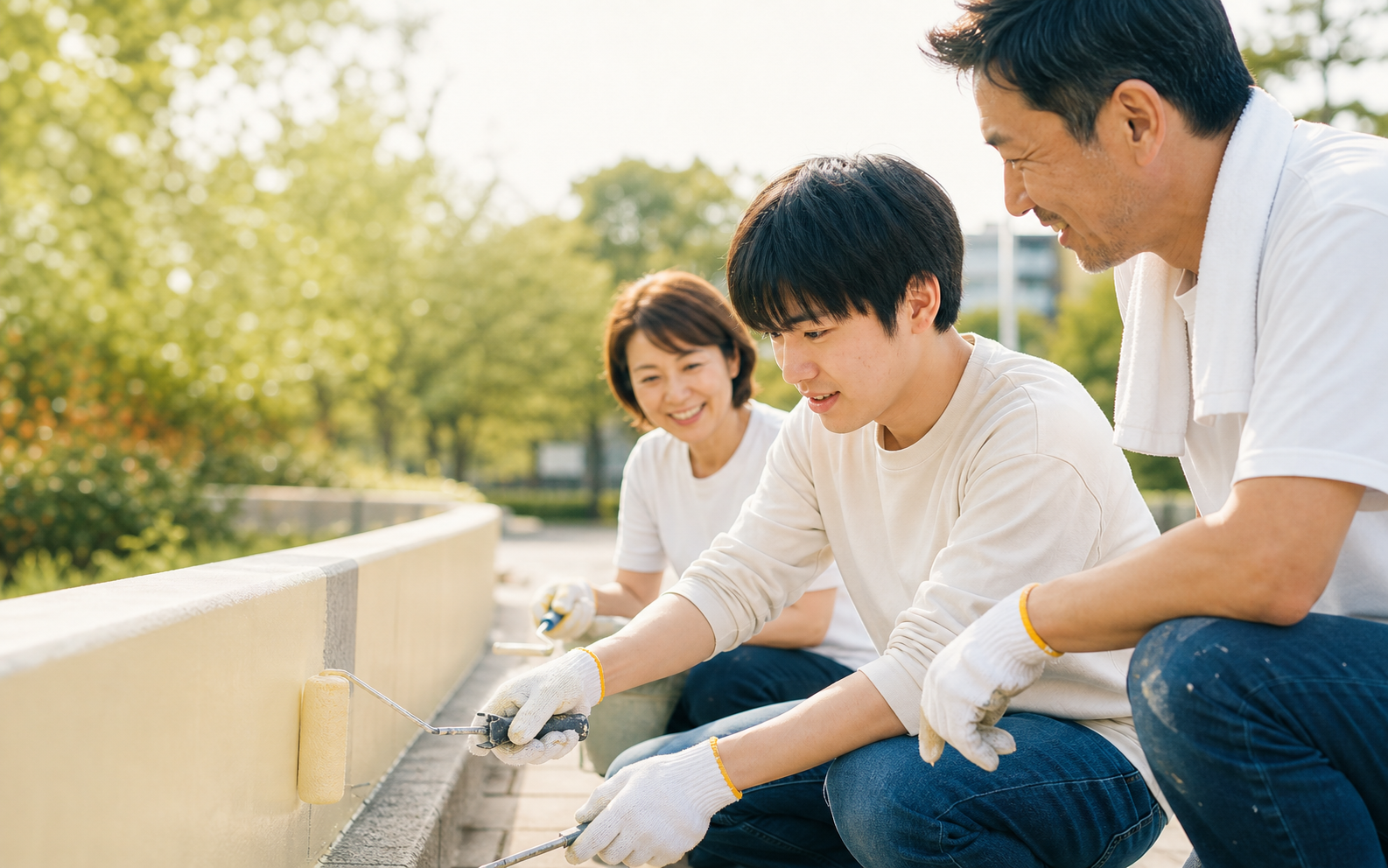 地域の塗装ボランティアに参加する若者と見守るスタッフ